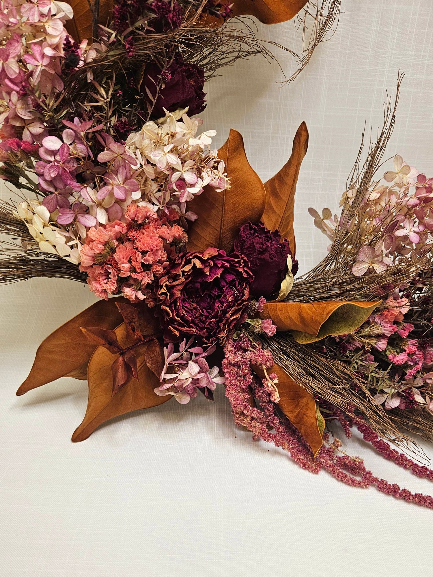 Forever Floral Wreath (Dried) in Warm Welcome. Autumnal shades of dried flowers and foliage.