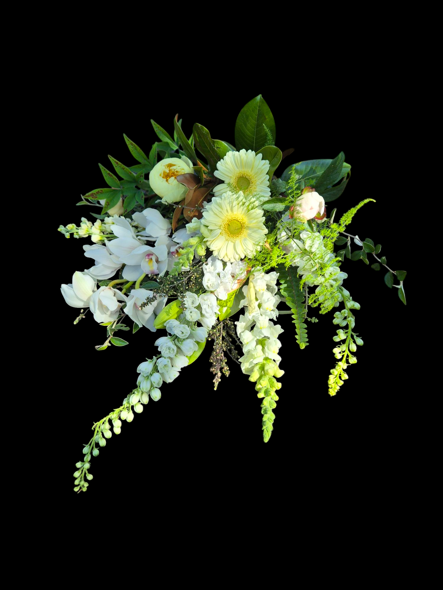 Casket Sheaf floral arrangement for funerals and memorials, lovingly made with white and cream flowers and foliage.