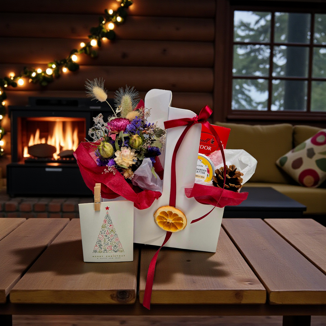 Christmas Blossom Carry Tray gift basket, with dried floral posie bouquet, chocolate and flower seed mix, presented in a white carry box and tied with a festive ribbon.