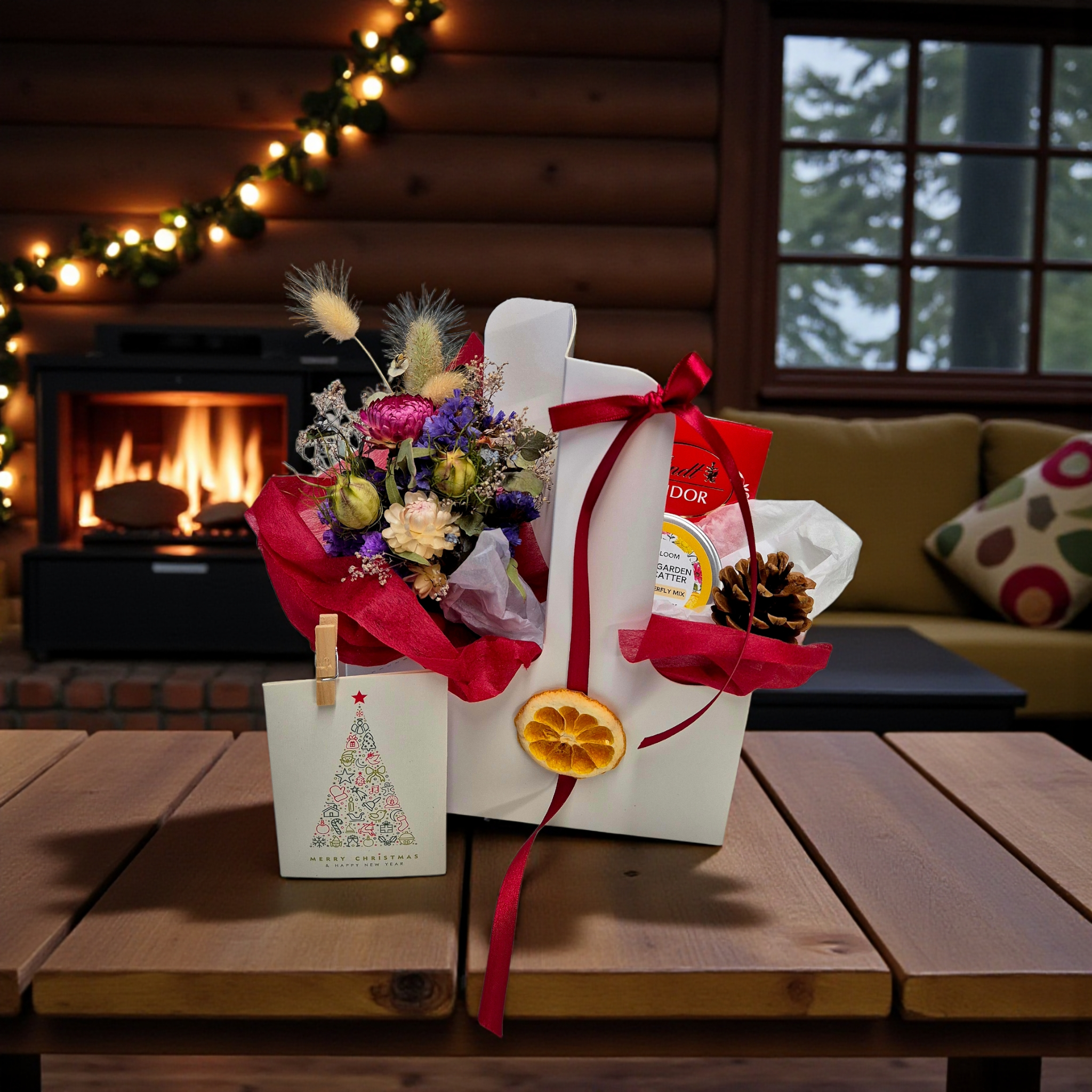 Christmas Blossom Carry Tray gift basket, with dried floral posie bouquet, chocolate and flower seed mix, presented in a white carry box and tied with a festive ribbon.