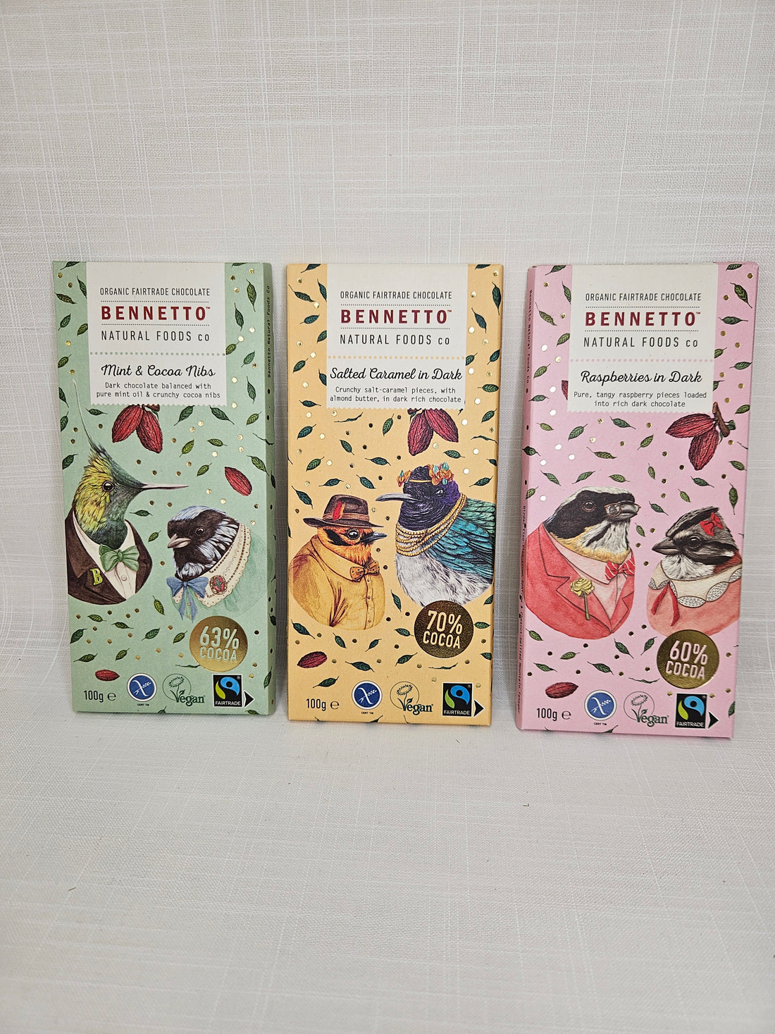 3x dark chocolate bars by Bennetto Natural Foods Co. Raspberry in Dark Chocolate, Salted Caramel in Dark Chocolate, Mint &amp; Cacao Nib Dark Chocolate.