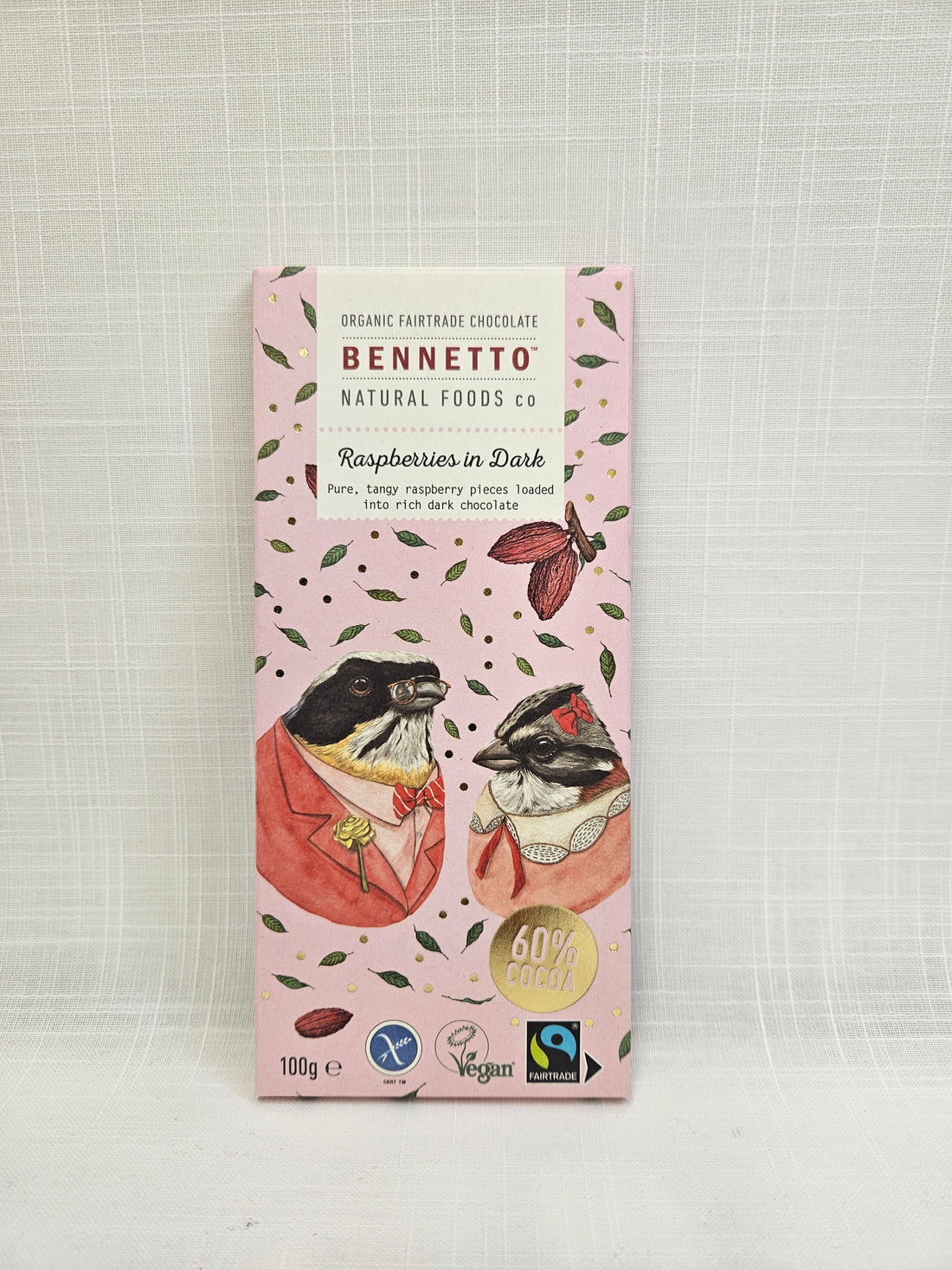 Raspberries in Dark Chocolate bar by Bennetto Natural Foods Co.