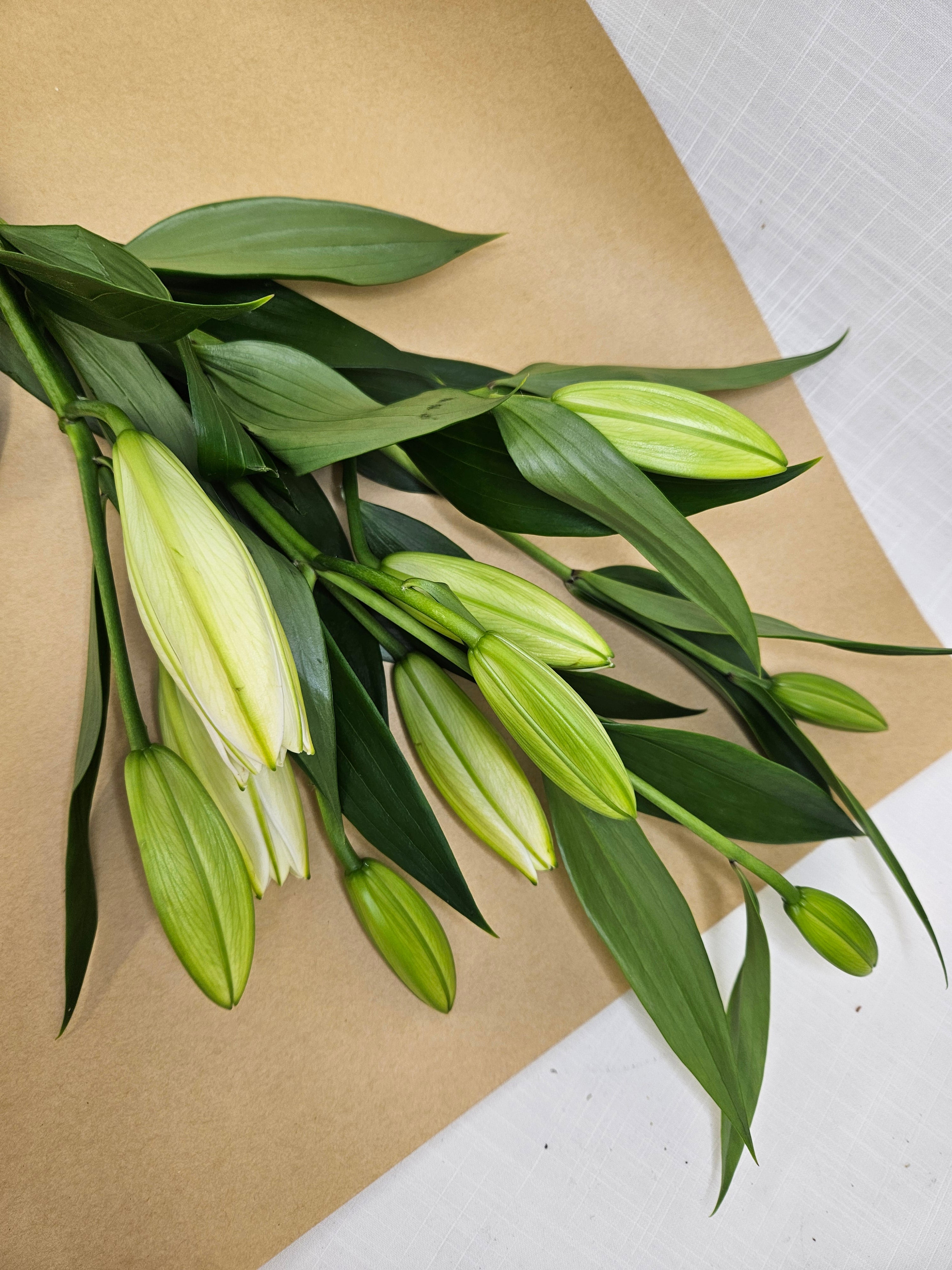 A bunch of white oriental lilies which are scented, wrapped in kraft paper.