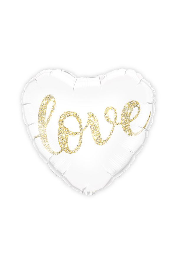White heart-shaped balloon with Gold Glitter spelling LOVE.