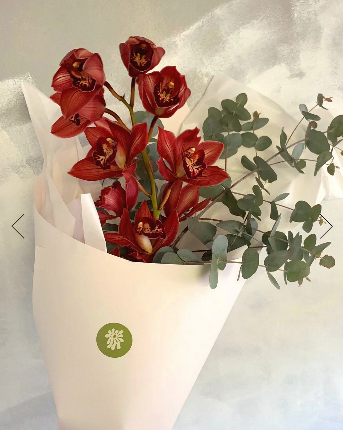 Orchid + Gift with a red orchid and foliage, wrapped in white paper.