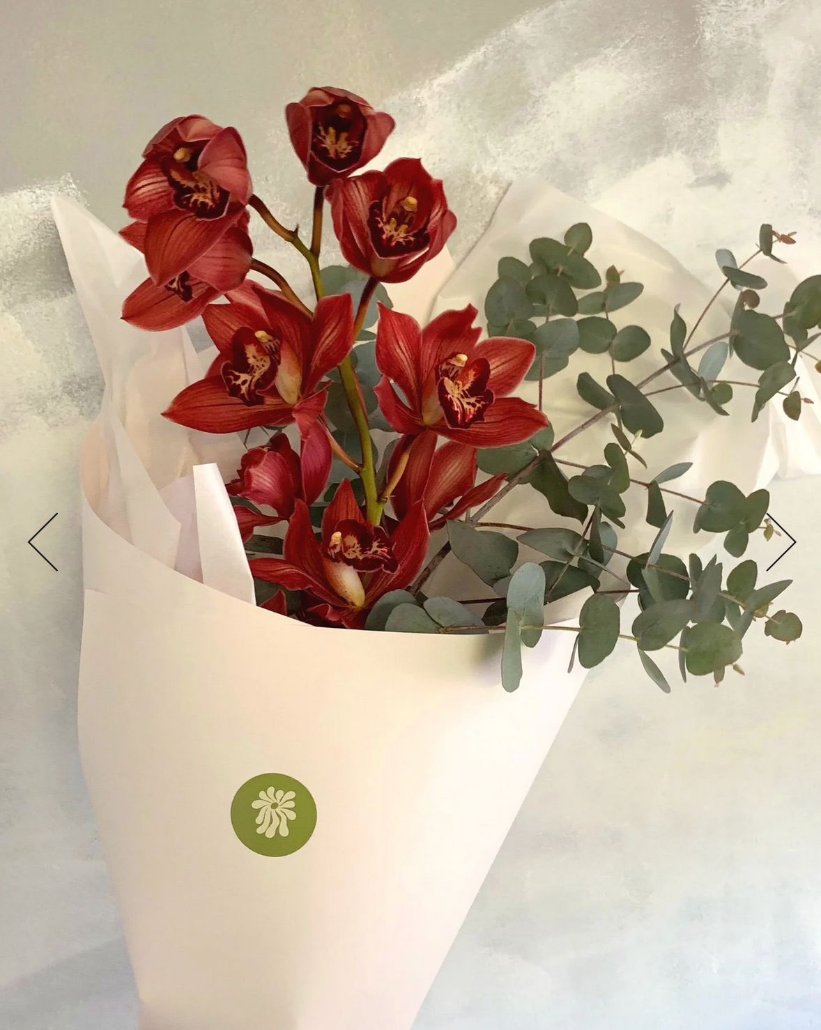 Orchid + Gift with a red orchid and foliage, wrapped in white paper.