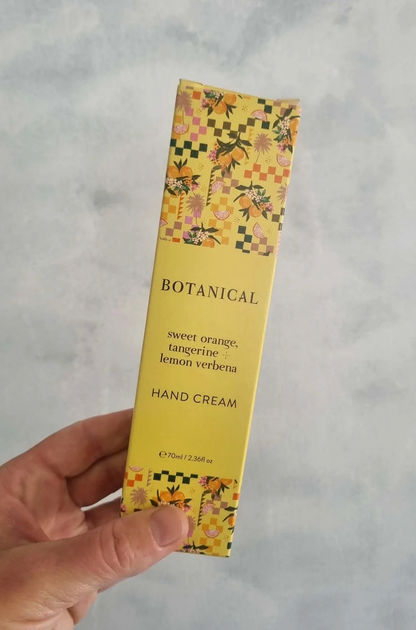 A box of Botanical Skincare Hand Cream in the scent Sweet Orange, Tangerine &amp; Lemon Verbena.