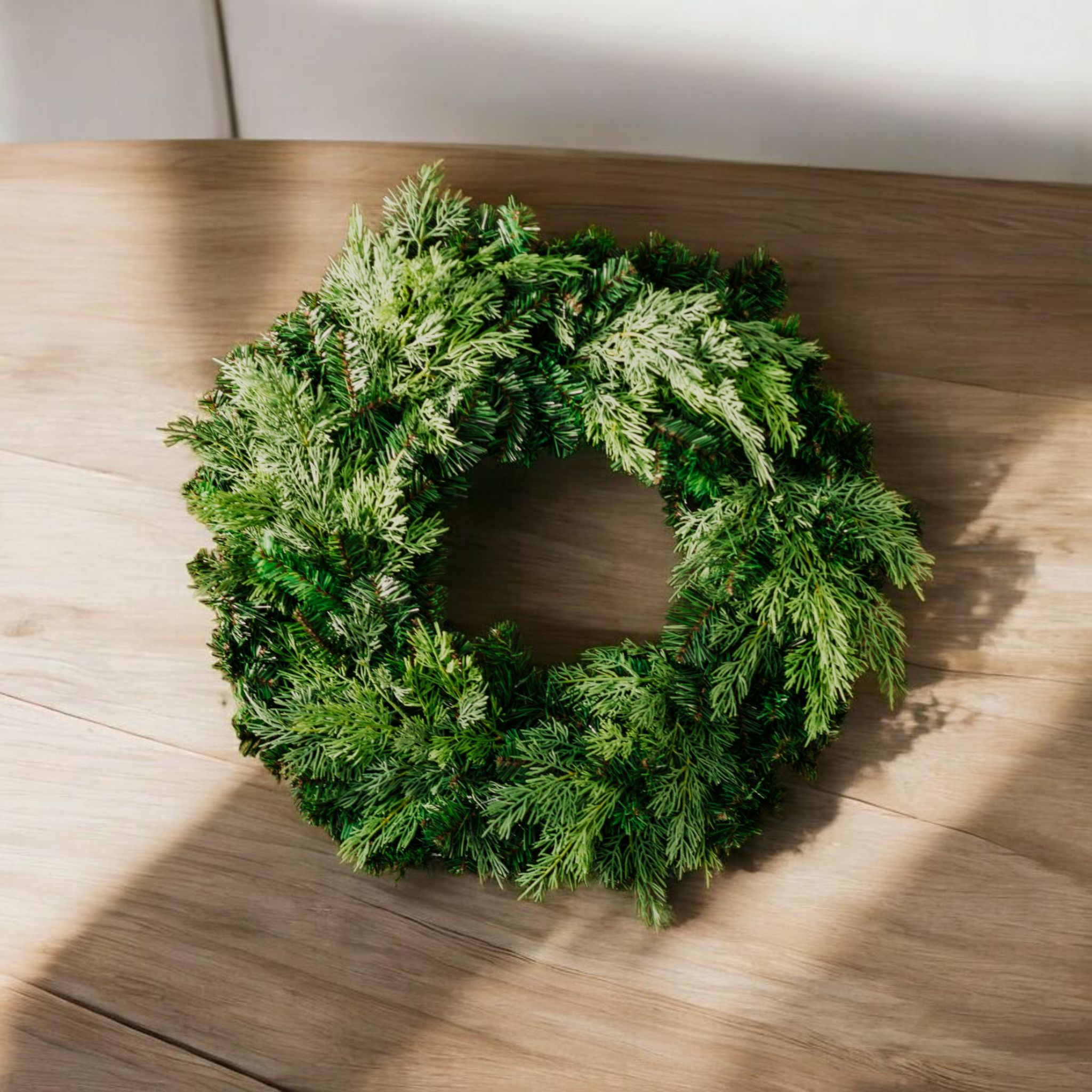 Christmas Greenery Wreath made with pine and other foliage.