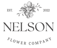 xt Nelson Flower Company logo, with black stylised sketch of flowers with leaves and twigs. Established 2022.